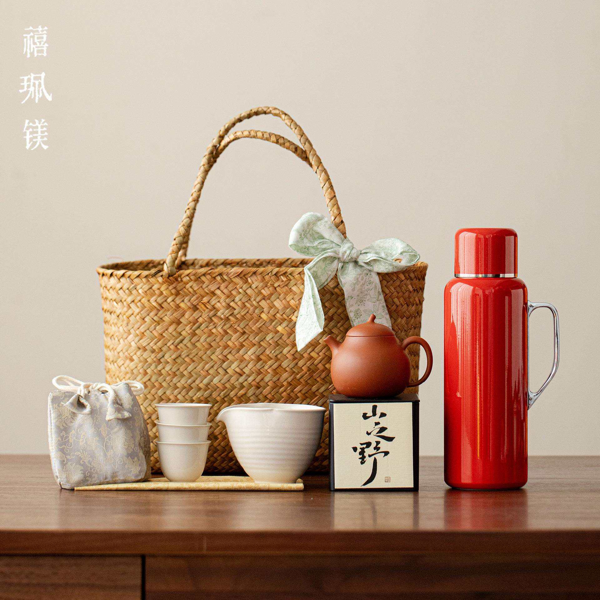 禧珮镁旅行茶具闷茶壶女士茶具茶杯紫砂壶户外便携藤编编手提篮套