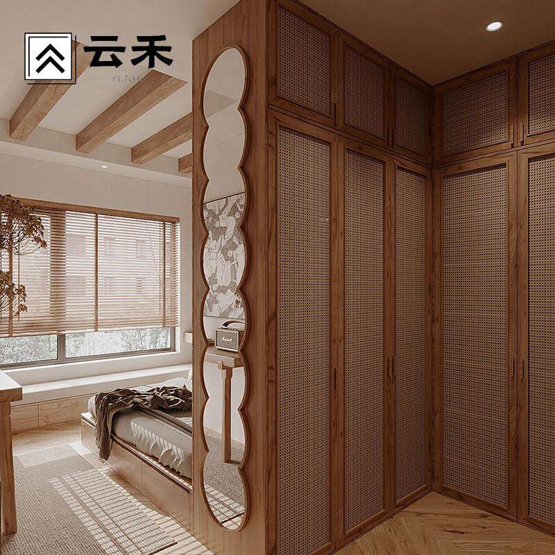 全屋定制衣柜新中式覆古藤编门整体衣帽间衣橱定做设计效果图工厂