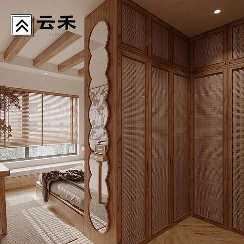 全屋定制衣柜新中式覆古藤编门整体衣帽间衣橱定做设计效果图工厂