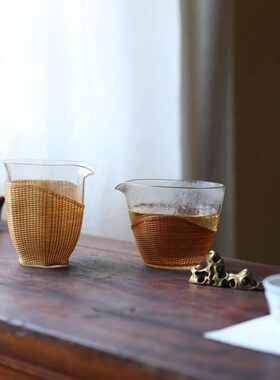 胎瓷公道杯竹编玻璃透明玻璃鹰嘴水滴耐热公杯分茶器台湾日式茶道