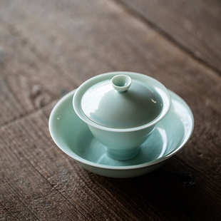 湖田窑影青三才盖碗茶杯单个家用茶碗防烫手抓壶开片可养功夫茶具