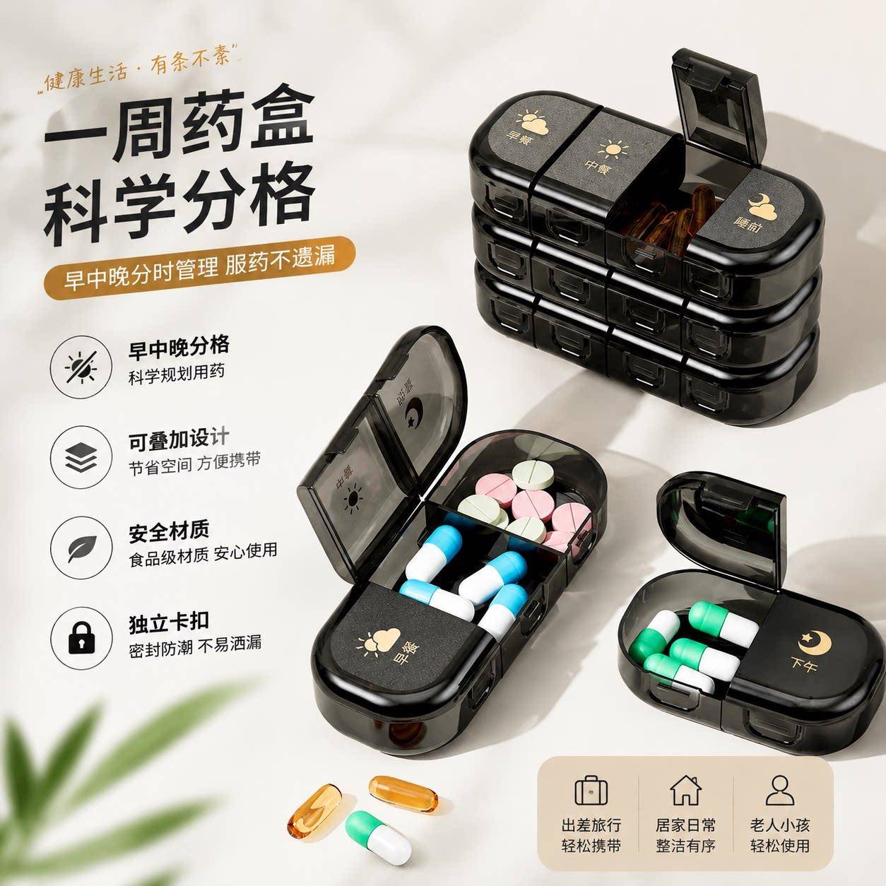 早中晚分类药盒西药分装盒老人吃药一周七天便携式药物收纳盒防水