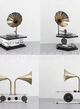 简约现代复古水晶金属留声机样板间家居客厅书房创意桌面装饰摆件