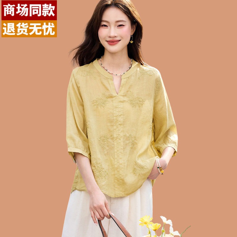 高档刺绣苎麻衬衫女2026夏季新款七分袖衬衣圆领薄款透气宽松小衫