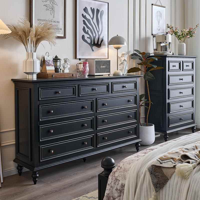 c^美式实木九斗柜黑色法式复古客厅边柜卧室床尾靠墙窄收纳抽屉柜