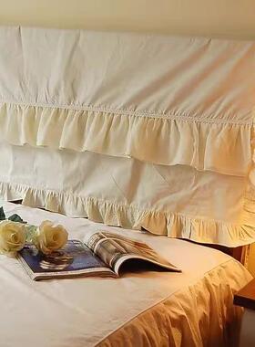 版新款F9MTS5M8**韩纯米黄色荷叶边嵌蕾丝工艺棉床罩头/床头套/床