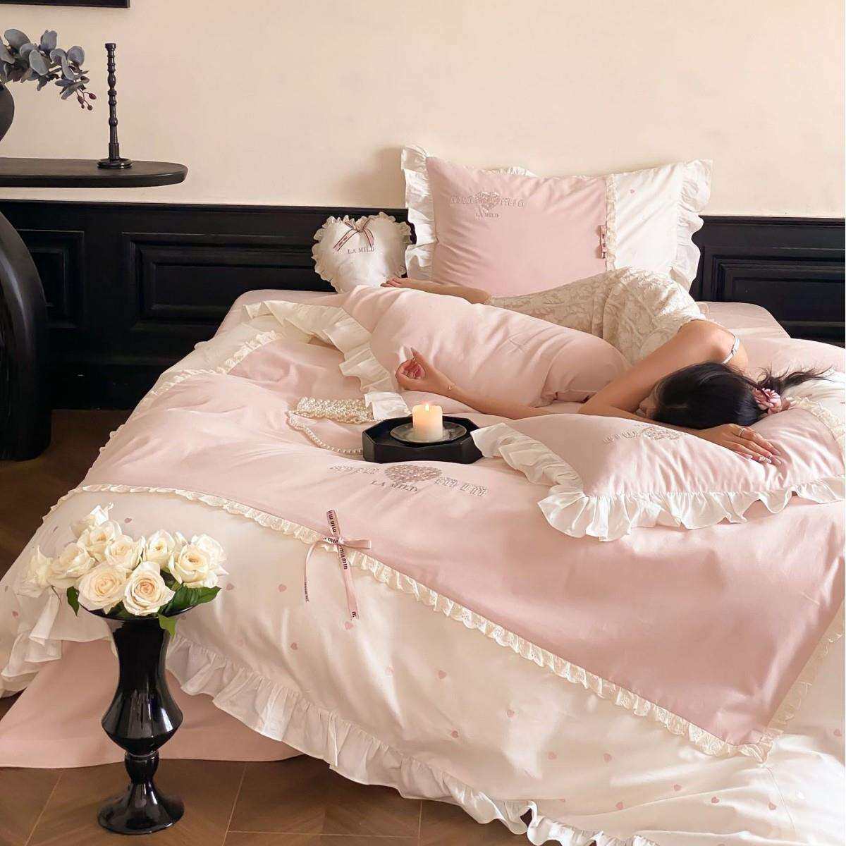 少女心100s全棉磨毛加厚秋冬床品荷叶花边爱心刺绣被套四件套