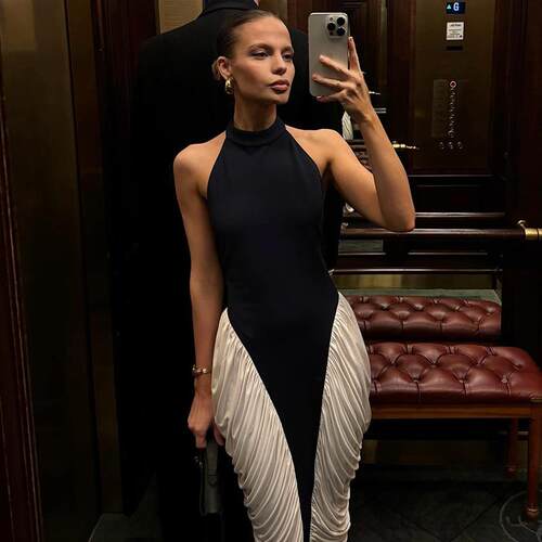 Open Back Color Block Ruched Halter Mermaid Maxi Dress For