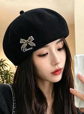 秋冬帽子女款2026新款蝴蝶结刺绣秋冬冷帽复古八角南瓜帽日系百搭