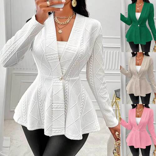 Women's Textured Faux Pearl Decor Button Front Peplum Hem