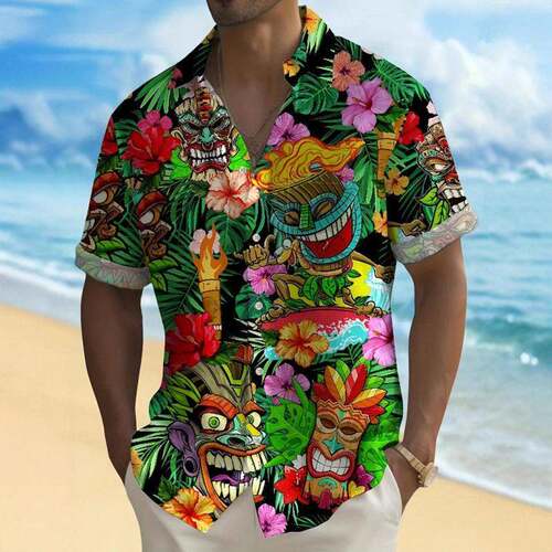 Men Print Button Front Shirt Regular Casual Sleeve Collared