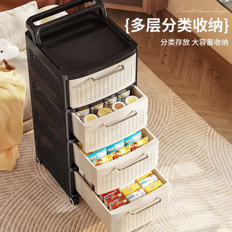 中古风收纳柜抽屉式客厅零食柜卧室落地带轮床头柜可移动置物架大