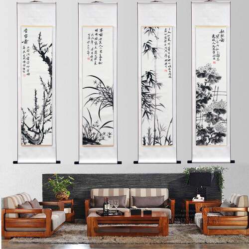 纯手绘梅兰竹菊中堂画四条屏 采用宣纸工艺新中式风格挂画