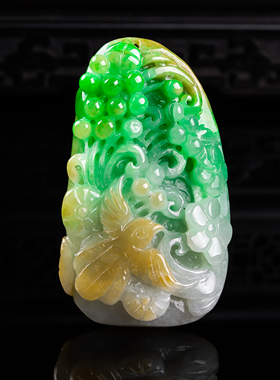 天然真品翡翠正品 水润细腻精细透飘黄飘绿色鸟语花香吊坠36.20g