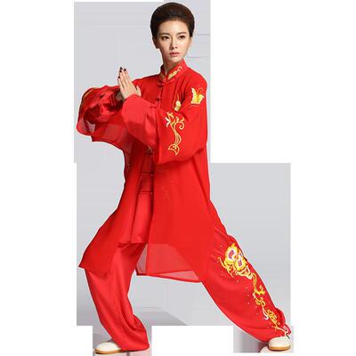 高档武表行刺绣太极服绣梦蝶表演习武服红色演服刺装三件云套