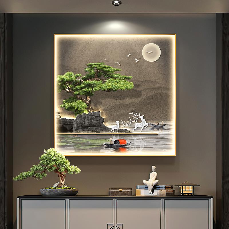 网红轻方奢山新水正形流玄关挂画水生财松中式装饰画大气发光迎客