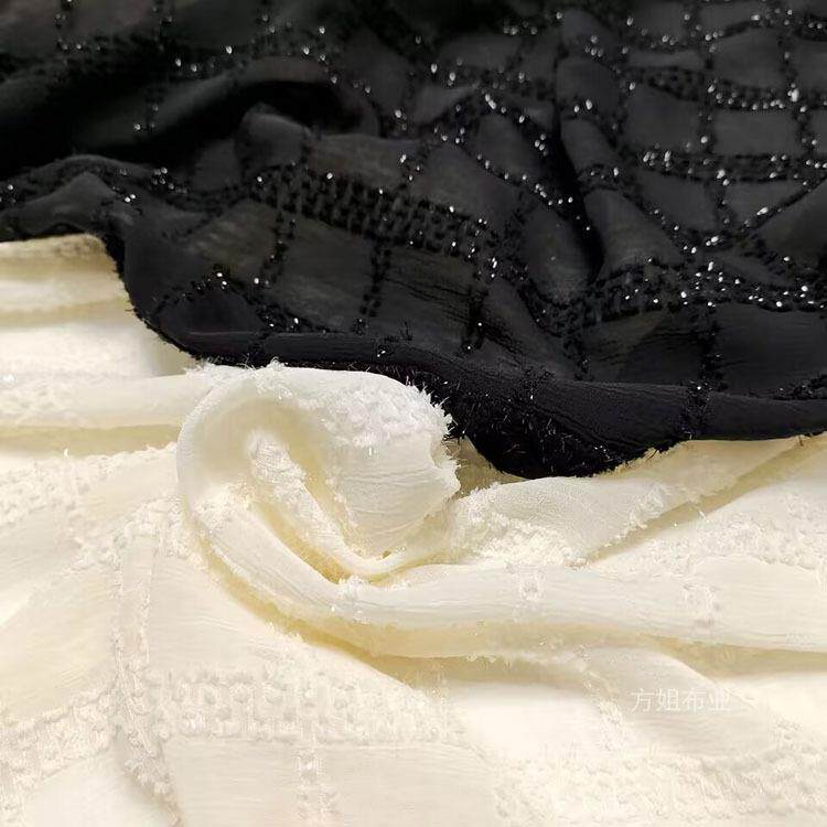 纳米绉格子剪花嵌条亮片丝全涤雪纺面料女装连衣裙洛丽塔服装面料