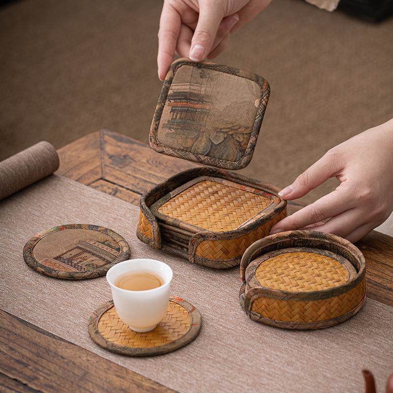 手工竹编缎面布艺杯托隔热杯垫功夫茶具配件茶杯垫子茶托餐桌垫