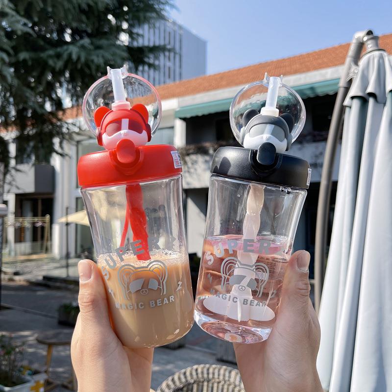 新款直销艾可思魔法熊酷乐搅拌吸管杯可爱卡通塑料杯清新男女学生