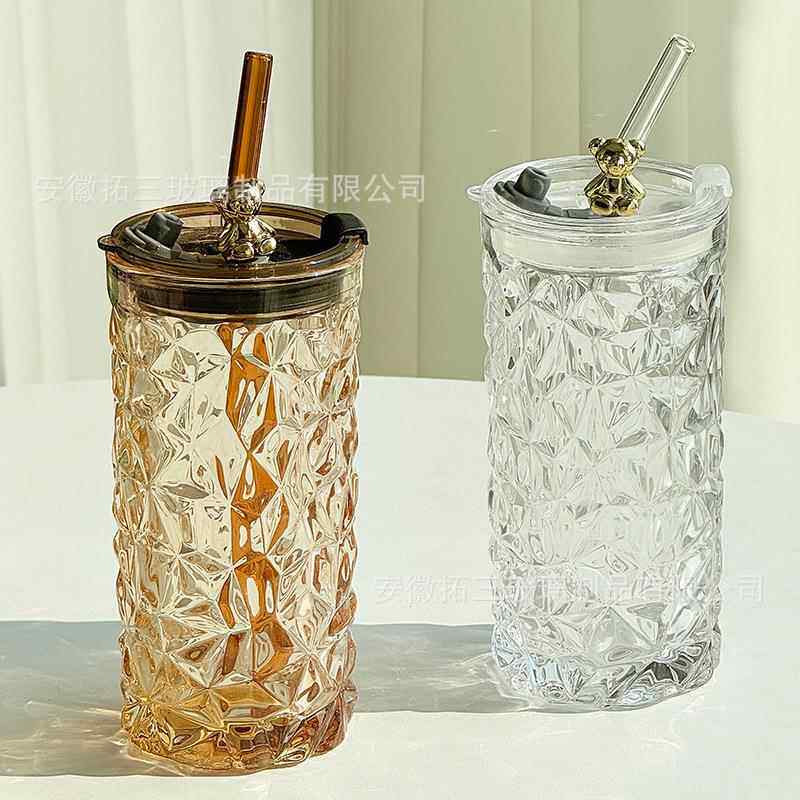 高颜值玻璃吸管水杯女新款家用2023办公室高级感带盖2022饮料杯子