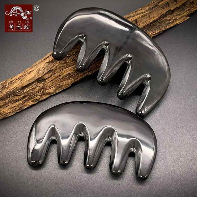 新款直销角木蛟品牌水牛角刮痧板手作按摩美容五齿梳半月梳加厚款