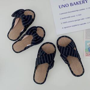可爱条纹蝴蝶结亚麻拖鞋女家居防滑透气棉麻拖男情侣拖鞋夏凉拖鞋