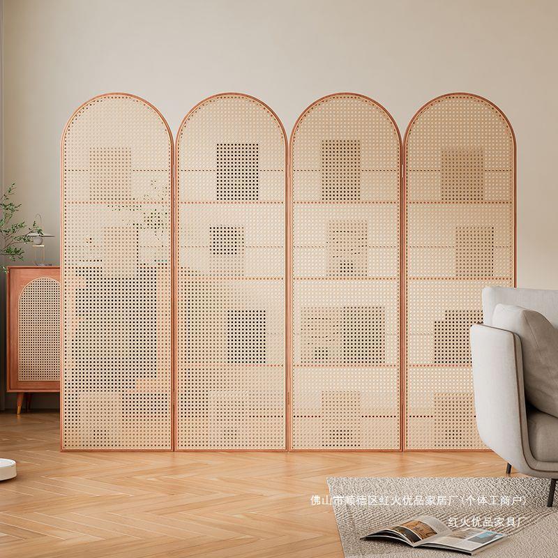 轻奢实木隔断日式屏风藤编隔断入户屏风实木装饰中式玄关新中式