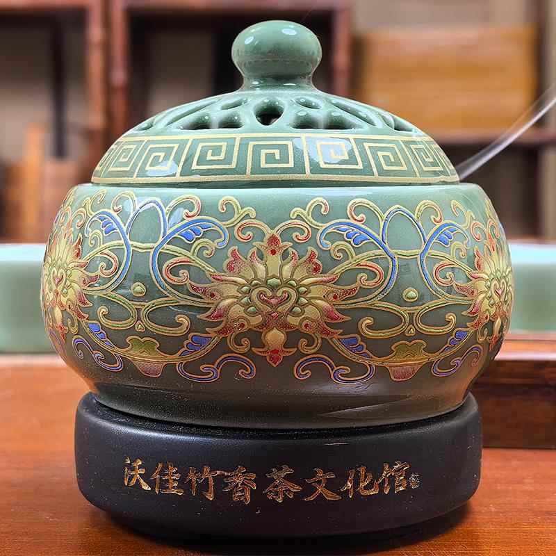 沃佳竹香茶文化馆缠枝莲花珐琅彩沉香粉电熏香炉全国包邮禅修熏香