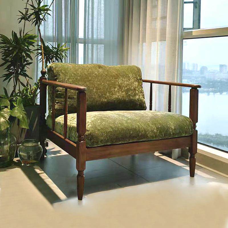 法式复古实木沙发莫里斯单人布艺沙发胡桃色阳台休闲椅可
