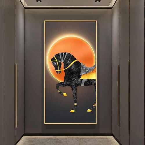 玄关竖版八骏图挂画走廊画现代客厅轻感奢高级马到成功大气装饰画