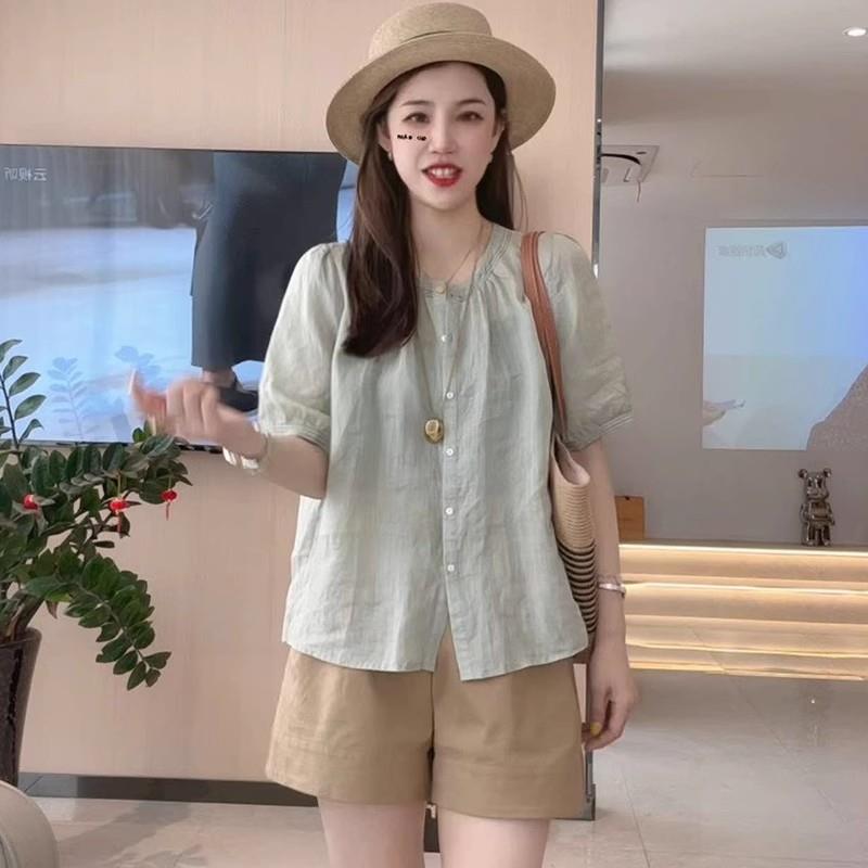 立领棉麻短袖衬衫女夏季欧货2025年宽松衬衣别致绝美气质苎麻上衣