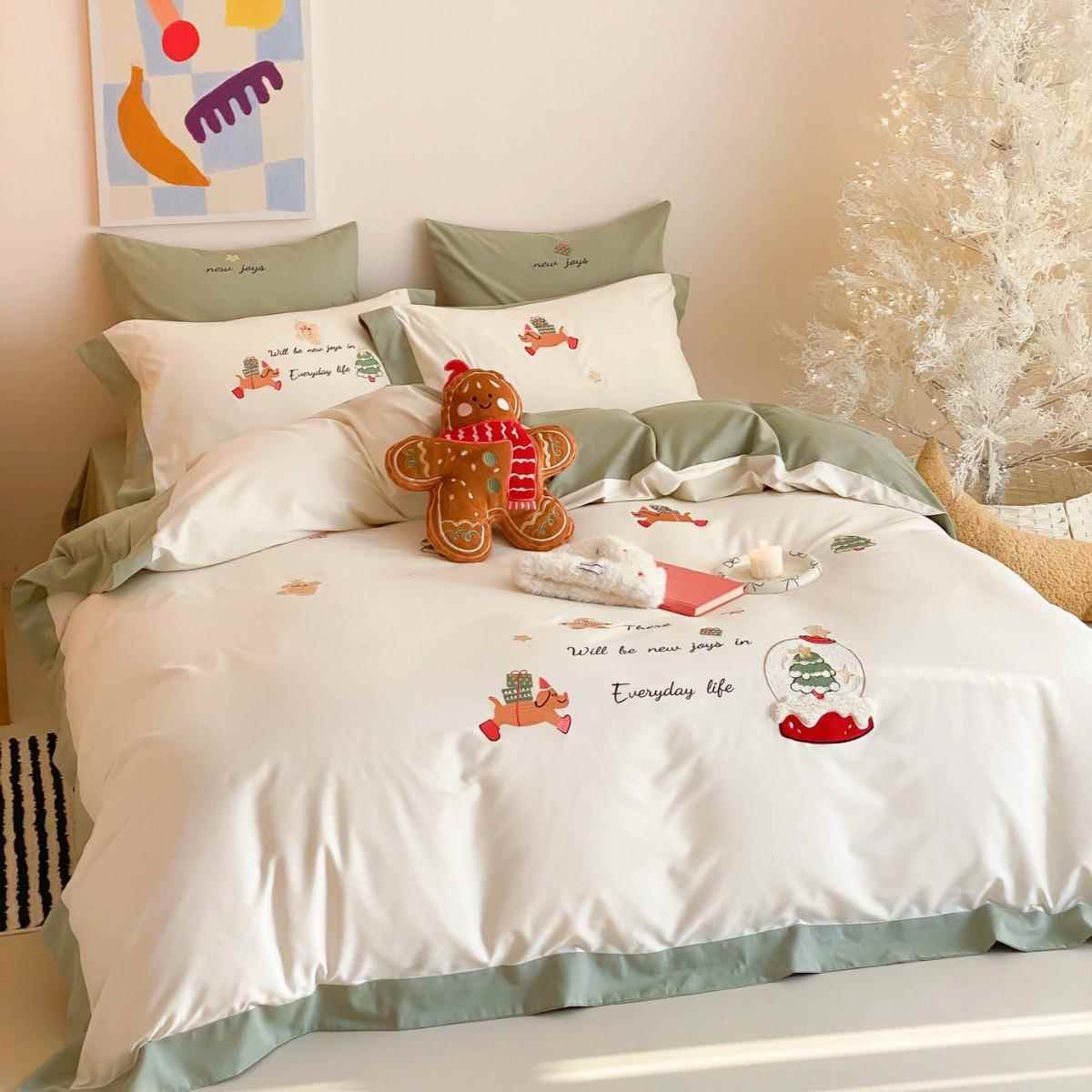 通棉全棉卡陶磨毛瓷四件套纯圣GRR诞刺绣被套床单秋冬床上用品