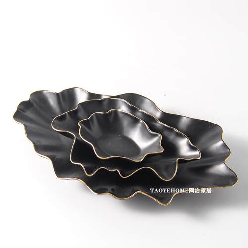 简约黑描金多边陶瓷花瓶居家样板间果盘装饰品民宿餐桌插花器摆设