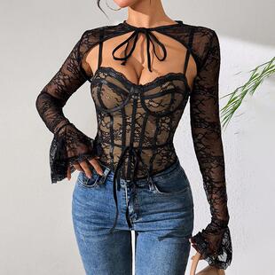 Lace mesh backless long sleeved shawl with two camisoles