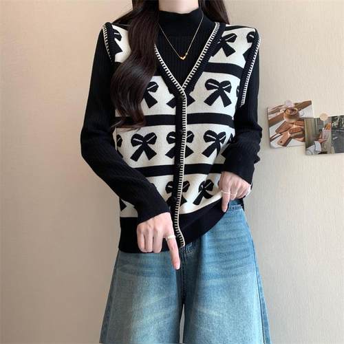 新款洋气秋冬宽松遮肚提花假两件针织上衣女高领打底大码1218h