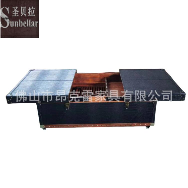 美式复古鳄鱼纹皮储物茶台伸缩茶几欧式复古皮艺咖啡桌客厅茶桌