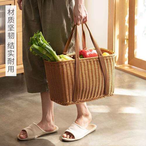 买菜篮仿藤藤编户外野餐郊游篮子水果蔬菜收纳手提框编织篮赵之孙