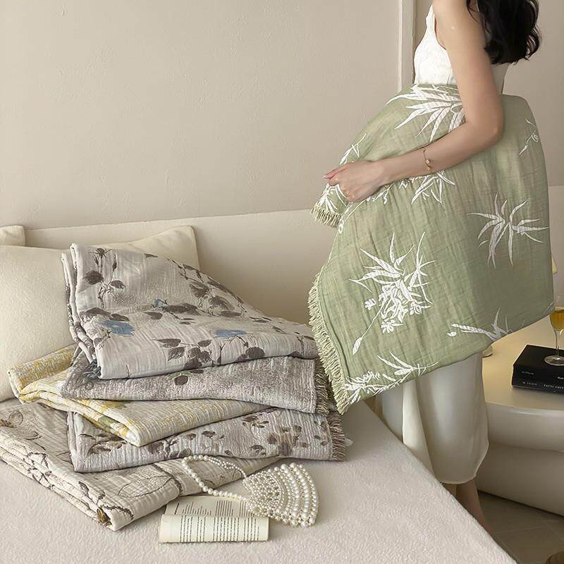 全棉四层精细纱色织提花民宿流苏盖毯夏日午休薄盖毯单双人毛巾被