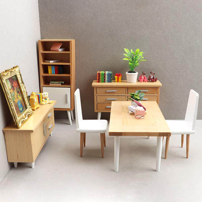 1:12娃娃屋dollhouse迷你家具餐厅微场景摆件原木色现代桌椅柜子