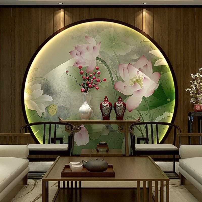 新款直销8d新中式荷花壁纸客厅沙发电视背景墙纸餐厅美容院装饰壁
