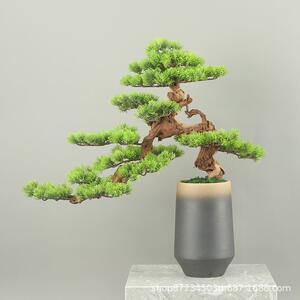 仿真新中式迎客松盆景摆件家居客厅博古架创意造景实木绿植装饰品
