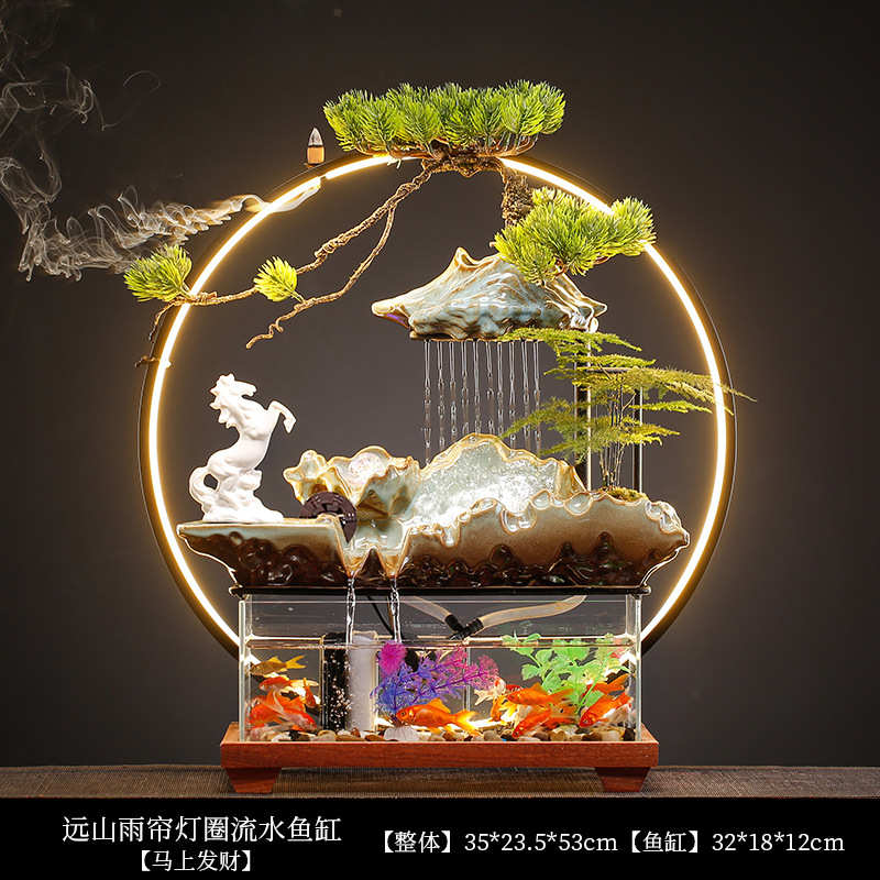 鱼缸收银台玻璃客厅桌面电视柜流水招财摆件办公室礼品开业装饰品