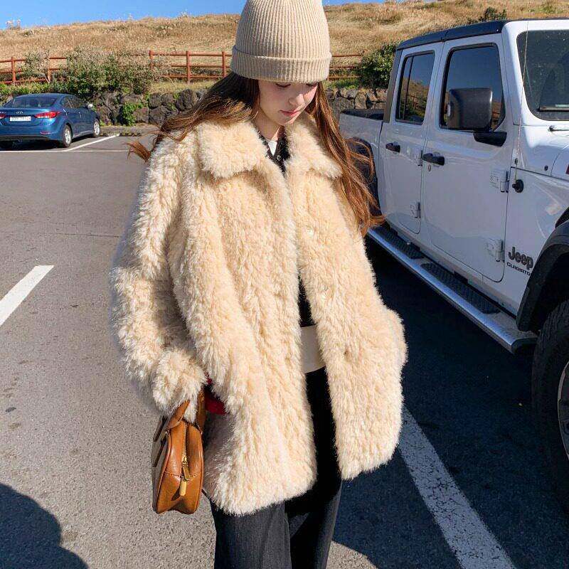欧洲站女冬季奢华卡其羊羔毛厚外套名媛皮毛一体保暖皮草毛绒大衣