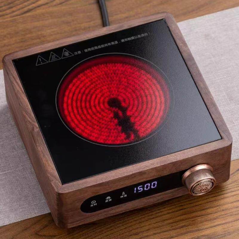 新款翊博胡桃木电陶炉加厚玻璃煮茶壶烧水泡茶蒸汽器实木煮茶炉