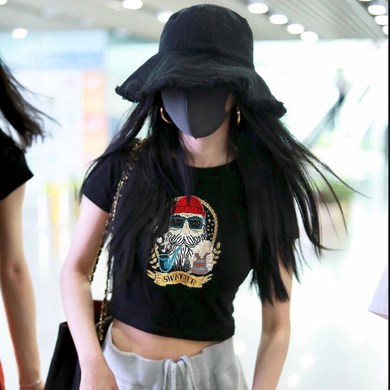 潮牌明星同款短款短袖t恤女高腰露脐泫雅风上衣修身显瘦黑色体恤
