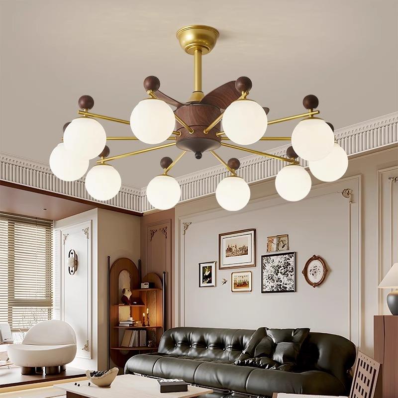 法式复古吊扇灯中古风带灯风扇款家用别墅木纹客厅电扇吊灯风扇灯