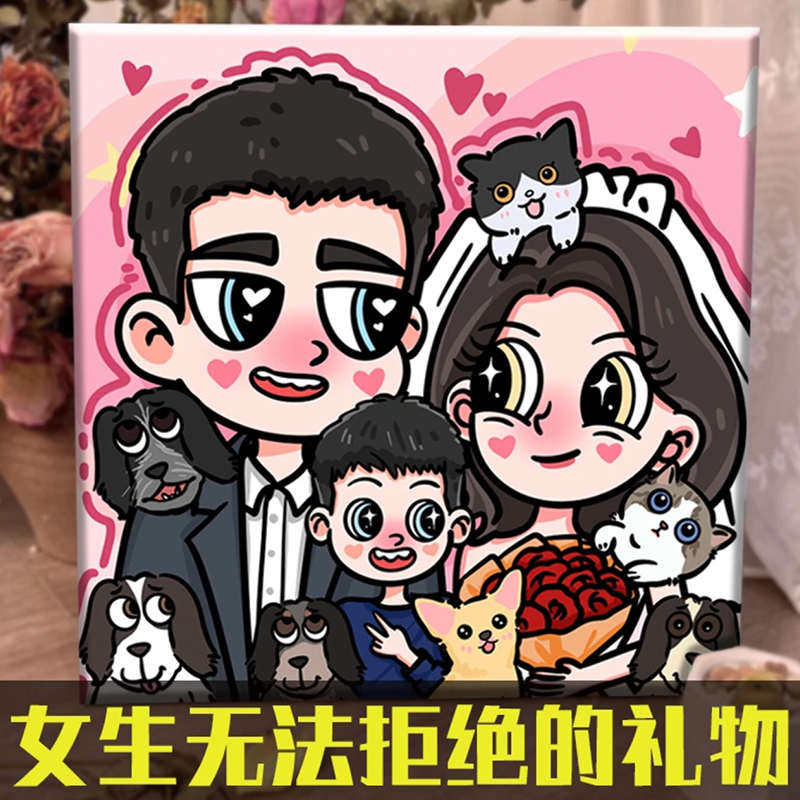 手绘头像变装饰画卡通照片情侣漫画来图定制画油画挂画客厅diy画