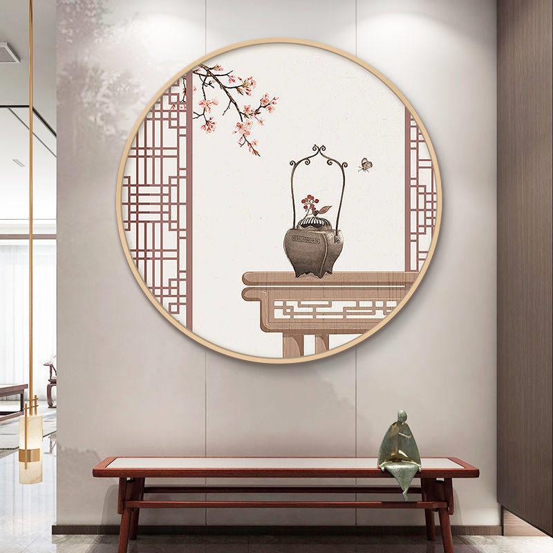 中国风餐厅茶室挂画圆形新中式客厅玄关走廊卧室装饰画实木中堂画