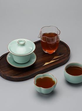 新款汝窑碗茶盖杯套装办公杯二人用茶具陶瓷三茶碗不烫手公才道小
