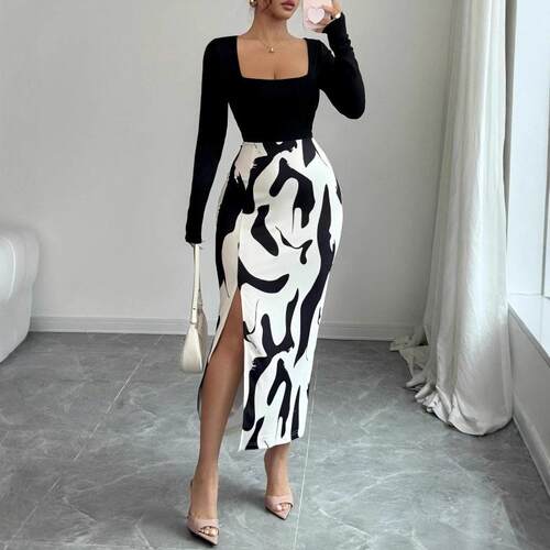 Elegant Patchwork Square Neck Long Sleeve High Slit Dress